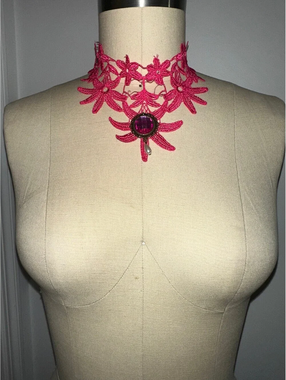 Pink Lace Choker Necklace with Purple Accent Dangle